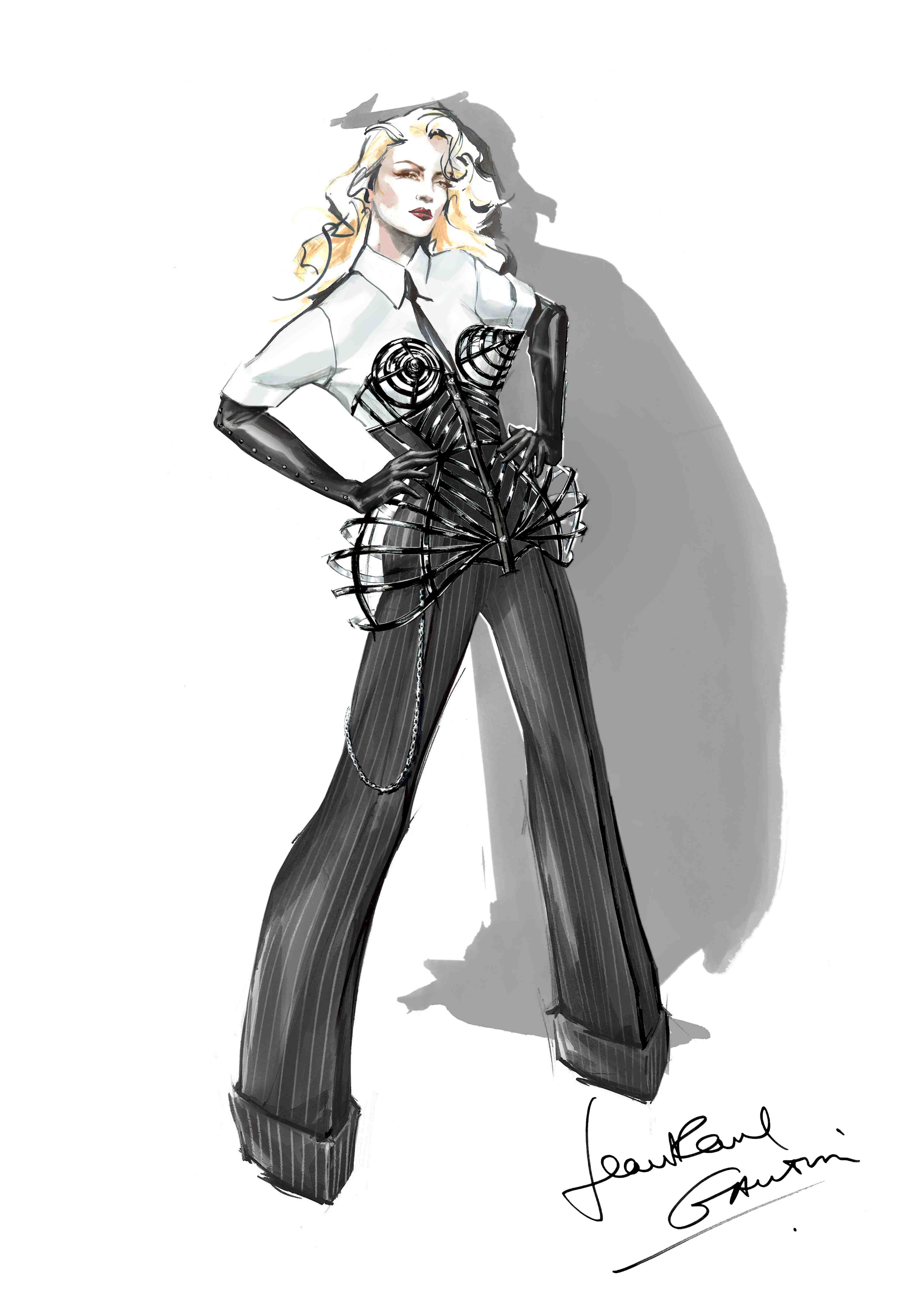 Dessin de Madonna en costume de scène par Jean Paul Gaultier